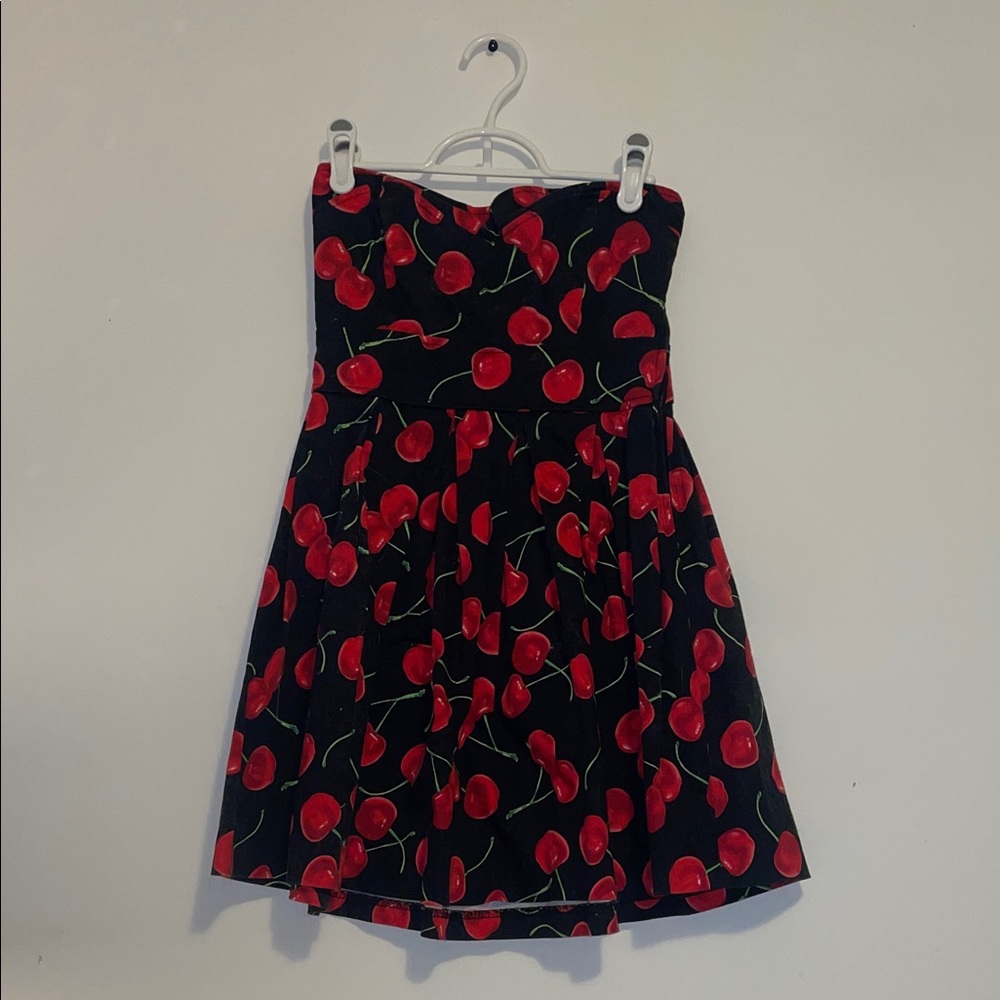 Strapless Cherry Print Dress - Black and Red